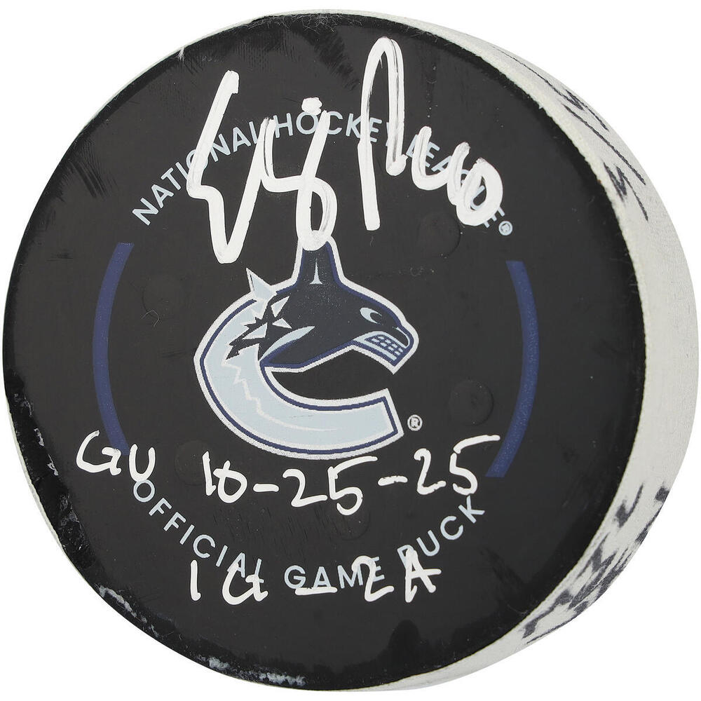Elias Pettersson Vancouver Canucks Autographed Game-Used Puck vs. Montreal Canadiens on October 25, 2025 with Multiple Inscriptions
