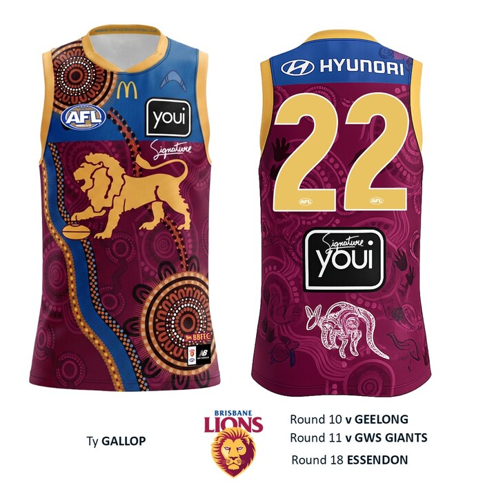 Photo of Ty Gallop #22 Brisbane Lions 2026 Indigenous Guernsey