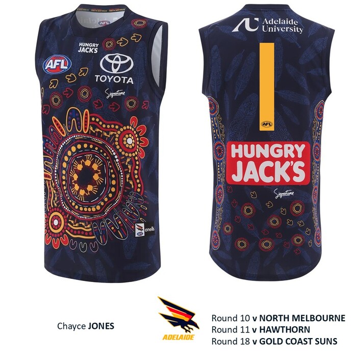 Photo of Chayce Jones #1 Adelaide Crows 2026 First Nations Guernsey