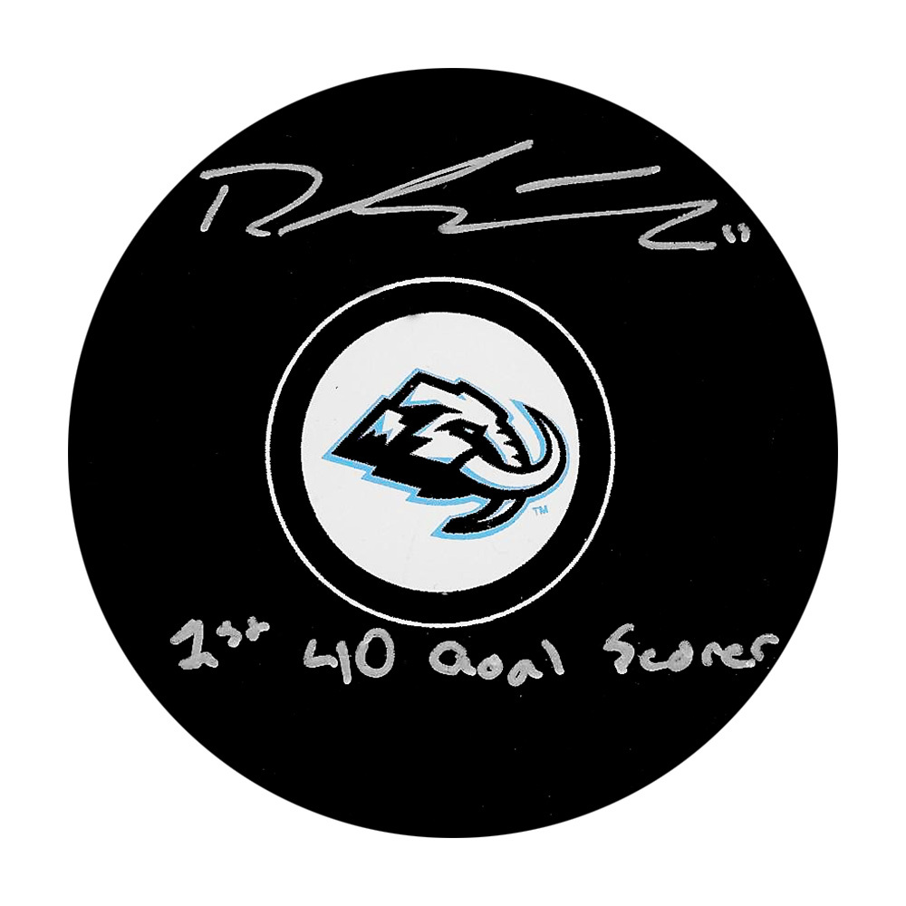 Dylan Guenther Autographed Utah Mammoth Puck w/1ST 40 GOAL SCORER Inscription