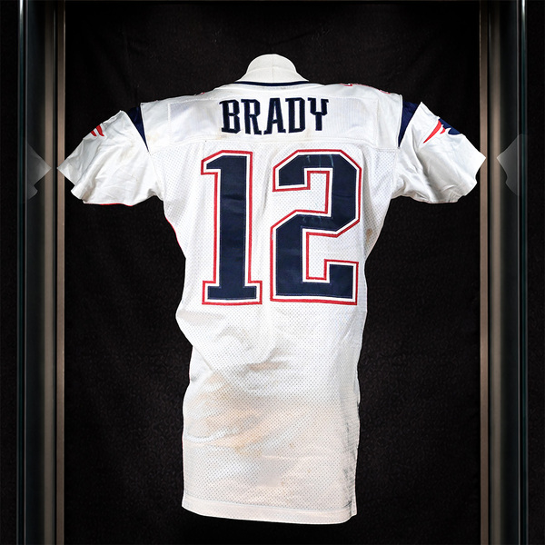 Back of Tom Brady White New England Patriots Game-Worn Jersey Photo-Matched to Super Bowl Season.