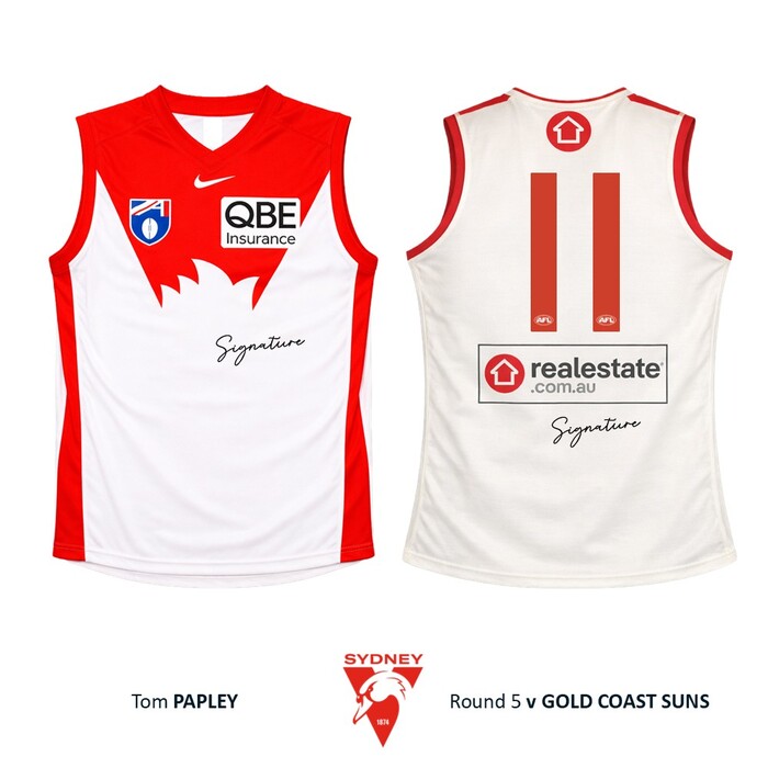 Photo of Tom Papley #11 Sydney Swans 2026 Gather Round Guernsey