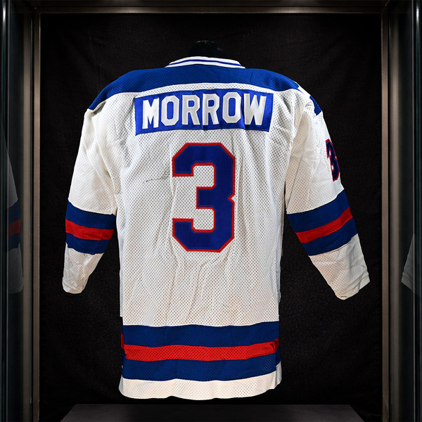Back of Ken Morrow White Team USA ‘Miracle on Ice’ Game-Worn Jersey Photo-Matched to 1980 Lake Placid Winter Olympics.