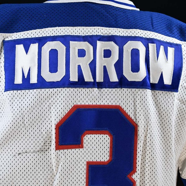 Close-Up of nameplate on Back of Ken Morrow White ‘Miracle on Ice’ Game-Worn Photo-Matched Jersey.
