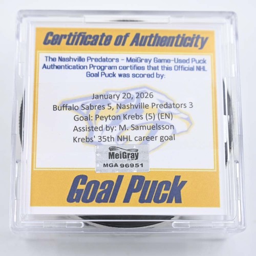 Image of Krebs, Peyton - Buffalo Sabres - January 20, 2026 at Nashville Predators (Predators Logo)