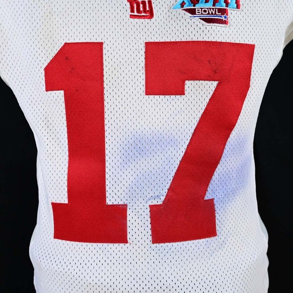 Close-Up of front numbers on Burress Super Bowl XLII Jersey.