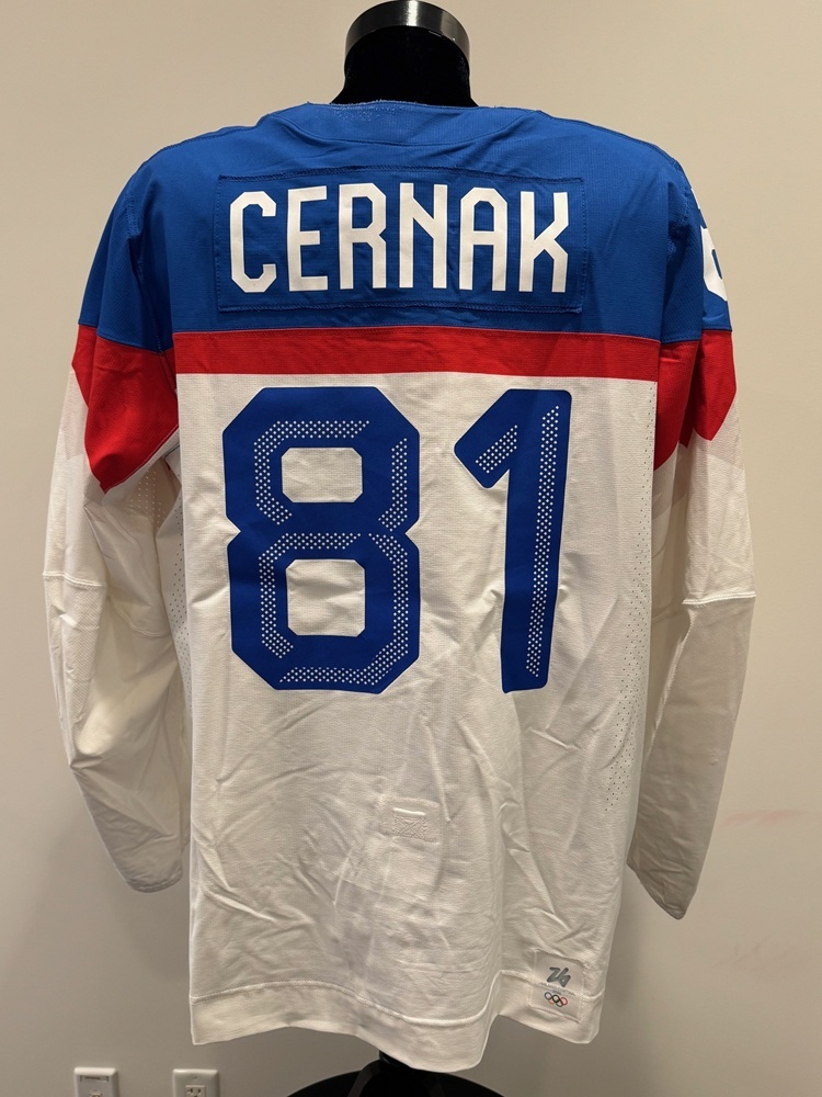 Erik Cernak Slovakia Game-Used White Jersey worn v. Sweden on February 14, 2026, as a part of the 2026 Milano Cortina Winter Games.