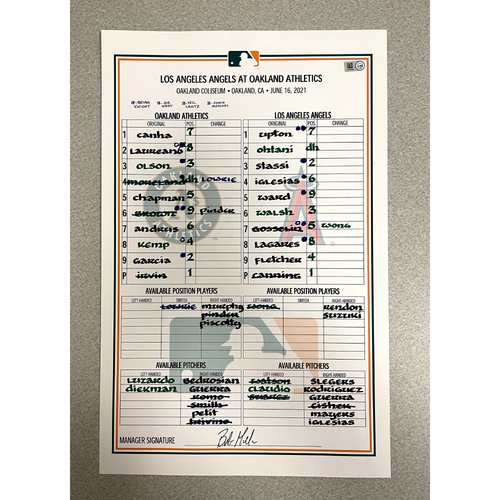 Game-Used Lineup Card - 6/16/21 vs LAA (Laureano HR #12 & Ohtani HR #19)