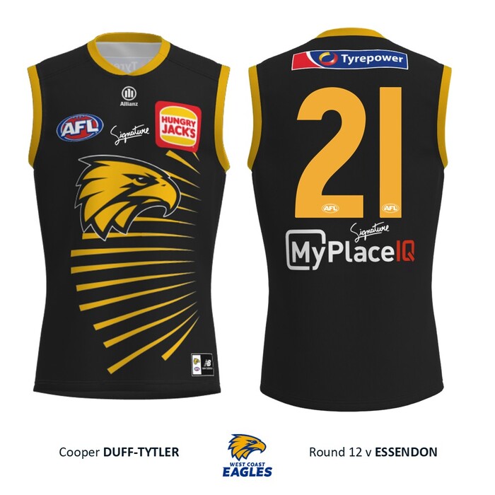 Photo of Cooper Duff-Tytler #21 West Coast Eagles 2026 WA Day Player-Issue Guernsey & Shorts