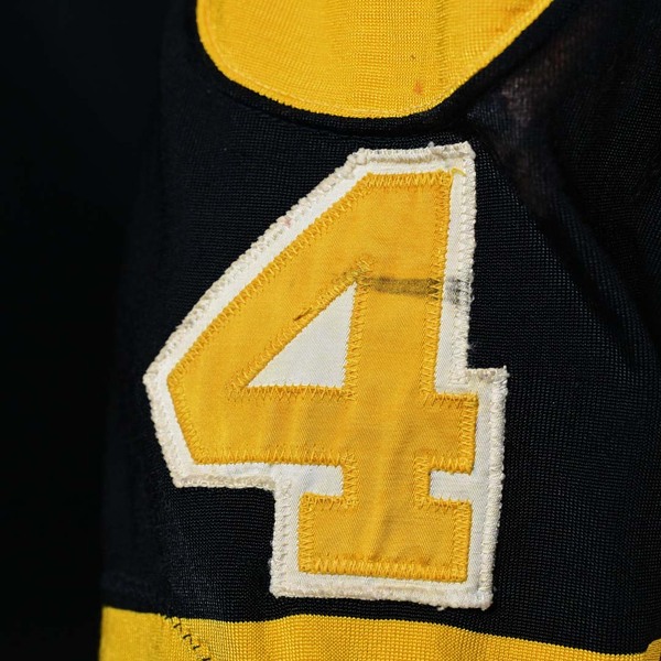 Close-Up of number on Sleeve of Bobby Orr Black Boston Bruins Game-Worn Photo-Matched Jersey.
