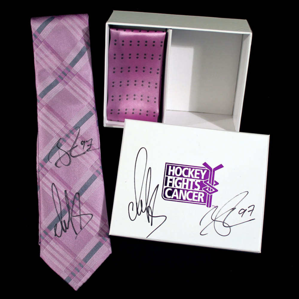 NHL Hockey Fights Cancer Tie and Custom Box Autographed by Edmonton Oilers Rookie Connor McDavid And Washington Capitals Star Alexander Ovechkin !