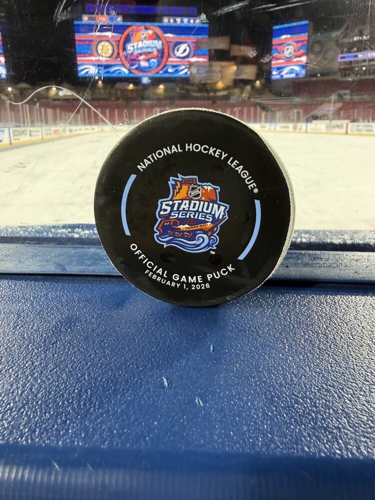 Morgan Geekie Boston Bruins 2026 NHL Stadium Series Game-Used Goal Puck - 1st of 2 Goals Scored