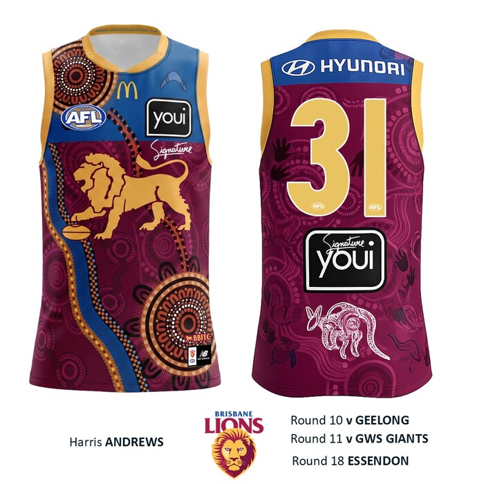 Photo of Harris Andrews #31 Brisbane Lions 2026 Indigenous Guernsey