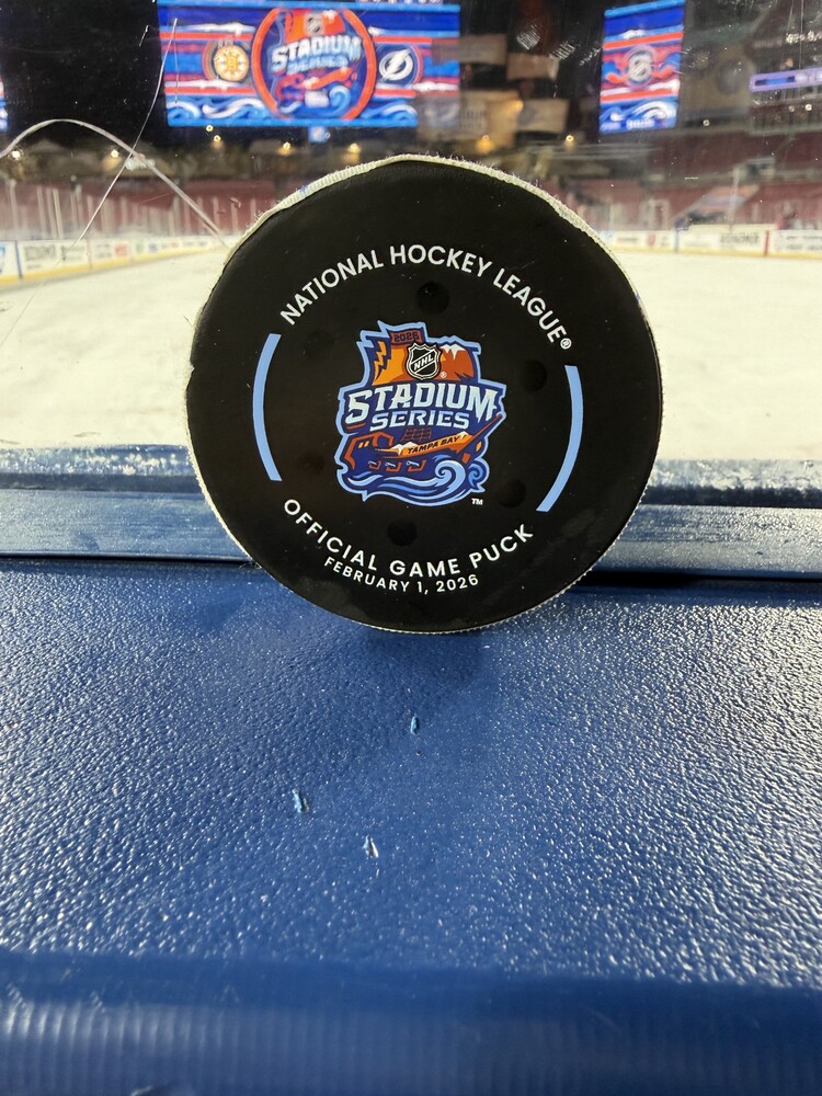 Matthew Poitras Boston Bruins 2026 NHL Stadium Series Game-Used Goal Puck