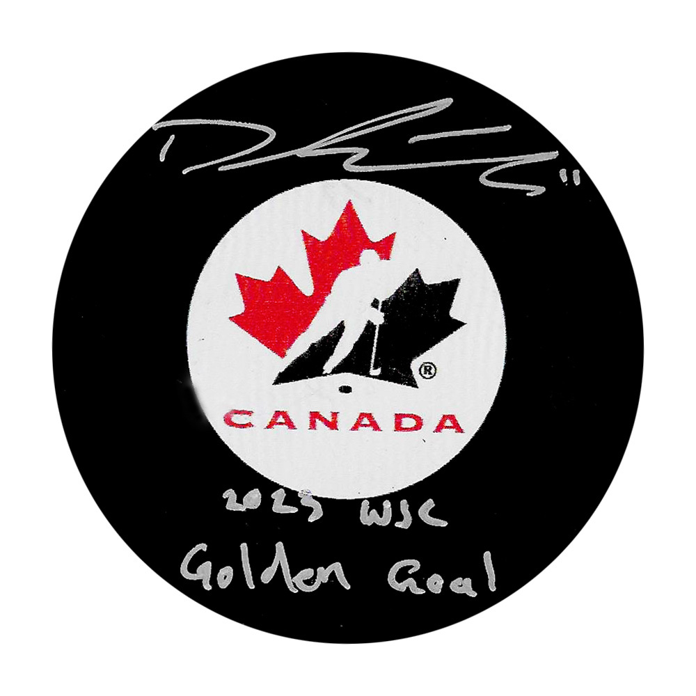 Dylan Guenther Autographed Team Canada Puck w/2023 WJC GOLDEN GOAL Inscription