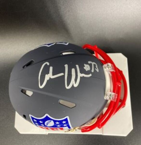 NFL - Patriots Caedan Wallace Signed Blue Shield Mini Helmet