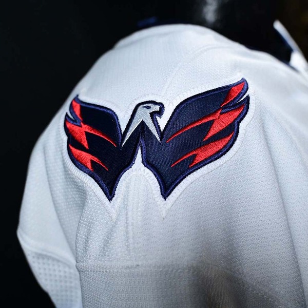 Close-Up of Secondary logo on Sleeve of Alex Ovechkin White Washington Capitals Game-Worn Photo-Matched Jersey.