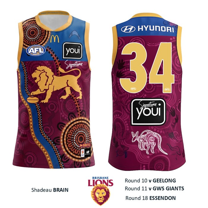 Photo of Shadeau Brain #34 Brisbane Lions 2026 Indigenous Guernsey