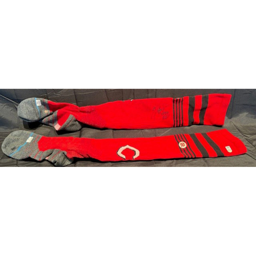 Joey Votto *Game-Used, Autographed & Inscribed* Socks -- Worn By Joey Votto For 1,000th Career RBI Game -- SD vs. CIN on 06/30/2021