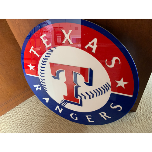 PICK UP ONLY - Texas Rangers Acrylic Debossed Primary Logo Sign displayed in Lobby of Clubhouse Level Media Elevator at Globe Life Park in Arlington