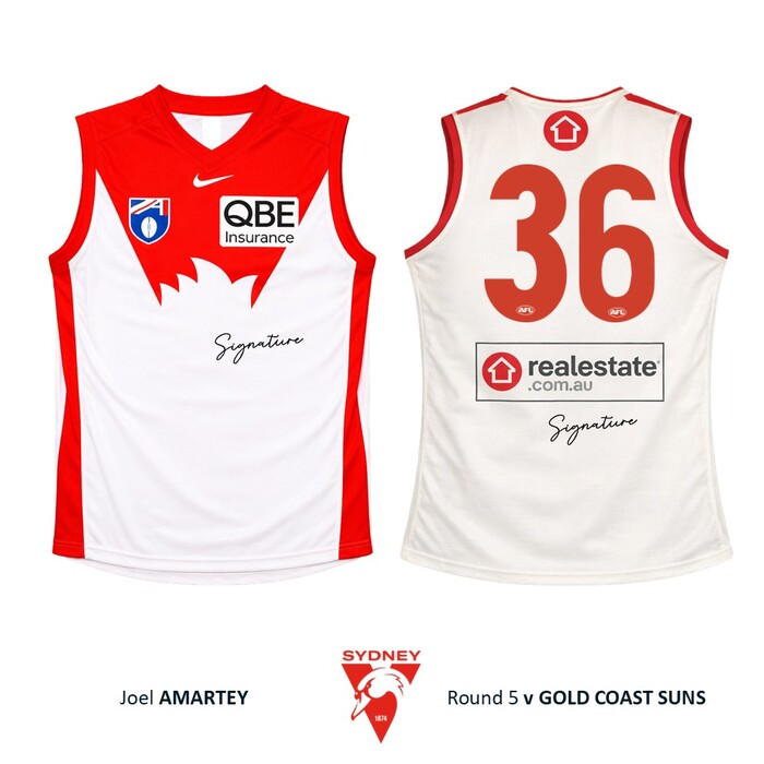 Photo of Joel Amartey #36 Sydney Swans 2026 Gather Round Guernsey
