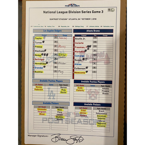 10/7/18 NLDS Game Used Lineup Card