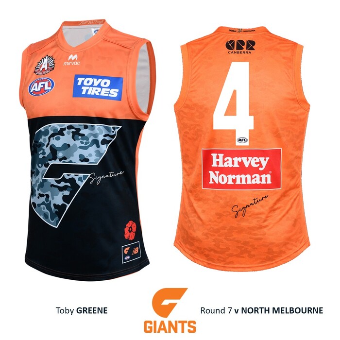 Photo of Toby Greene #4 GWS GIANTS Anzac Round Match-Worn Jumper *Most Games as a GIANT*
