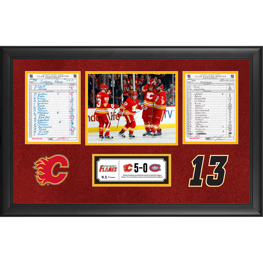 Calgary Flames Framed Original Line-Up Cards From March 9, 2017 vs. Montreal Canadiens - Johnny Gaudreau's Third Career Four-Point Game