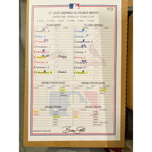 10/4/19 NLDS Game Used Lineup Card