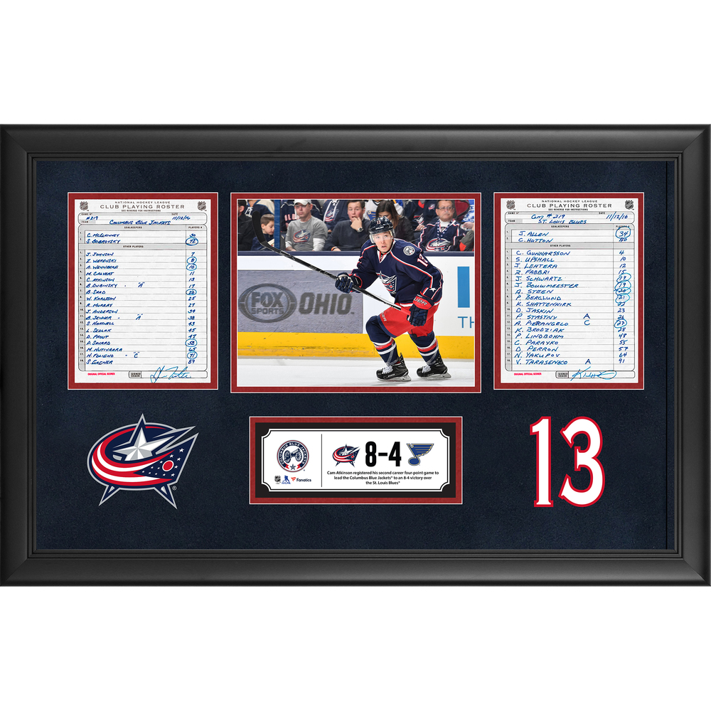 Columbus Blue Jackets Framed Original Line-Up Cards From November 12, 2016 vs. St. Louis Blues - Cam Atkinson's Second Career Four-Point Game