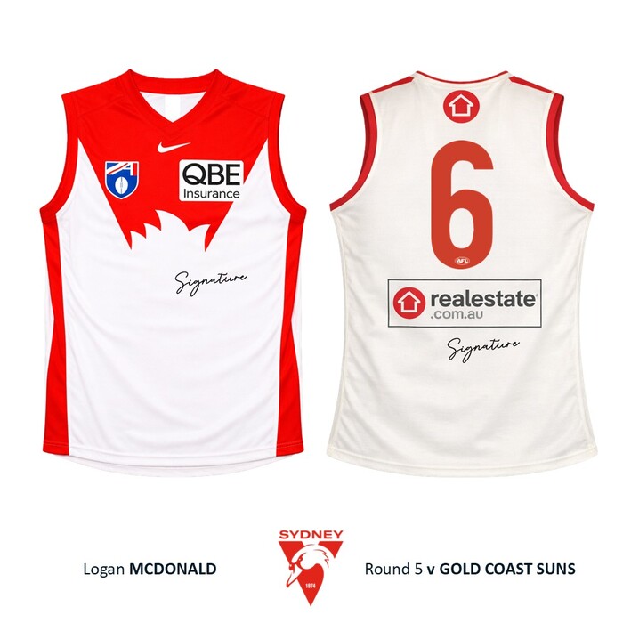 Photo of Logan McDonald #6 Sydney Swans 2026 Gather Round Guernsey