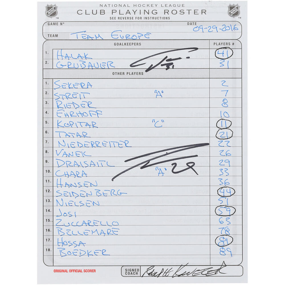 Philipp Grubauer and Leon Draisaitl Team Europe Autographed Game-Used Lineup Card vs. Team Canada on September 29, 2016