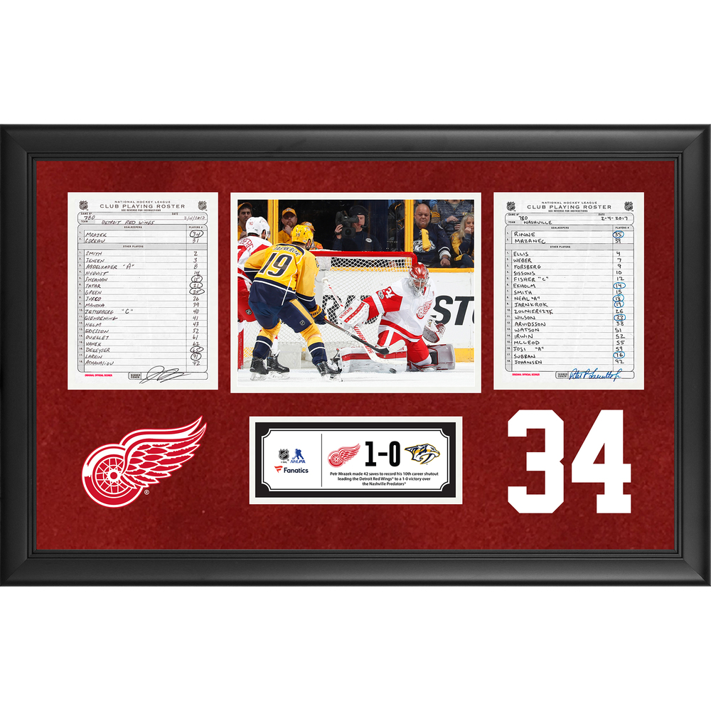 Detroit Red Wings Framed Original Line-Up Cards From February 4, 2017 vs. Nashville Predators - Petr Mrazek's 10th Career Shutout