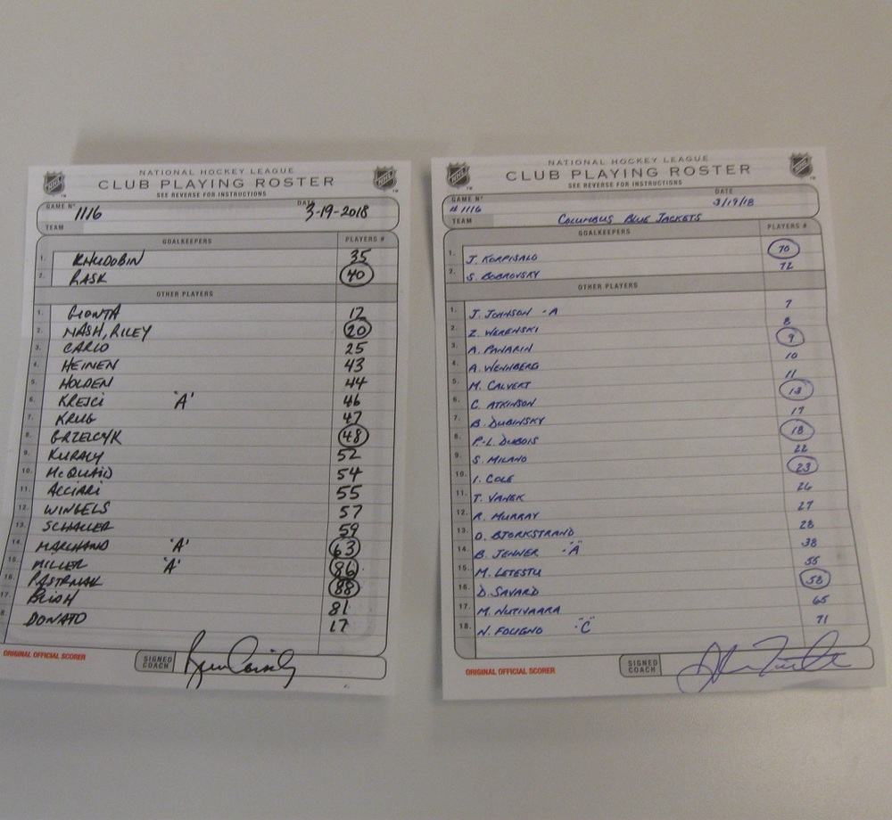 Boston Bruins vs Columbus Blue Jackets. March 19th 2018. Ryan Donato First Career NHL Game and Goal. Line-up Cards from the 2017/18 Season, signed by Bruce Cassidy and John Tortorella.
