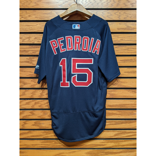 Photo of Dustin Pedroia #15 Team Issued Navy Road Alternate Jersey