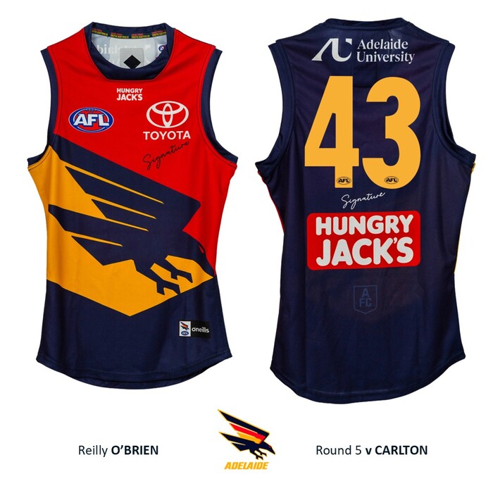 Photo of Reilly O'Brien #43 Adelaide Crows 2026 Gather Round Player-Issue Guernsey