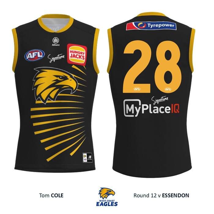 Photo of Tom Cole #28 West Coast Eagles 2026 WA Day Match-Worn Guernsey & Shorts