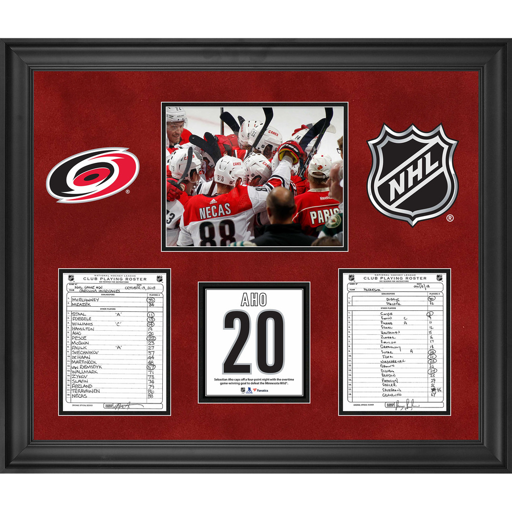 Carolina Hurricanes Framed Original Line-Up Cards from October 13, 2018 vs. Minnesota Wild - Sebastian Aho Overtime Winner