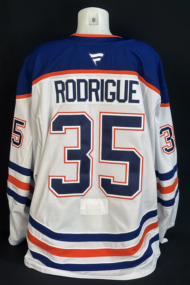 Olivier Rodrigue #35 - 2025 Western Conference Final Edmonton Oilers Game-Worn White Play-off Set #2 Jersey - Worn For 2 Games vs Dallas Stars (Game #1 & 2) - BACK-UP GOALIE ONLY