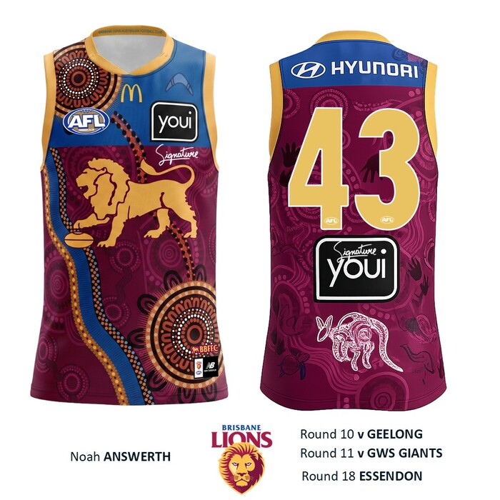 Photo of Noah Answerth #43 Brisbane Lions 2026 Indigenous Guernsey