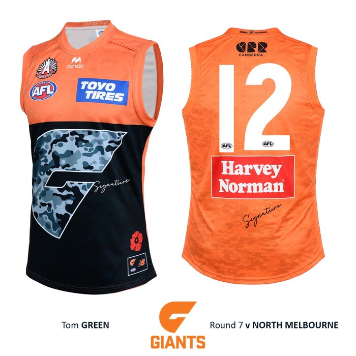 Photo of Tom Green #12 GWS GIANTS Anzac Round Player-Issue Jumper