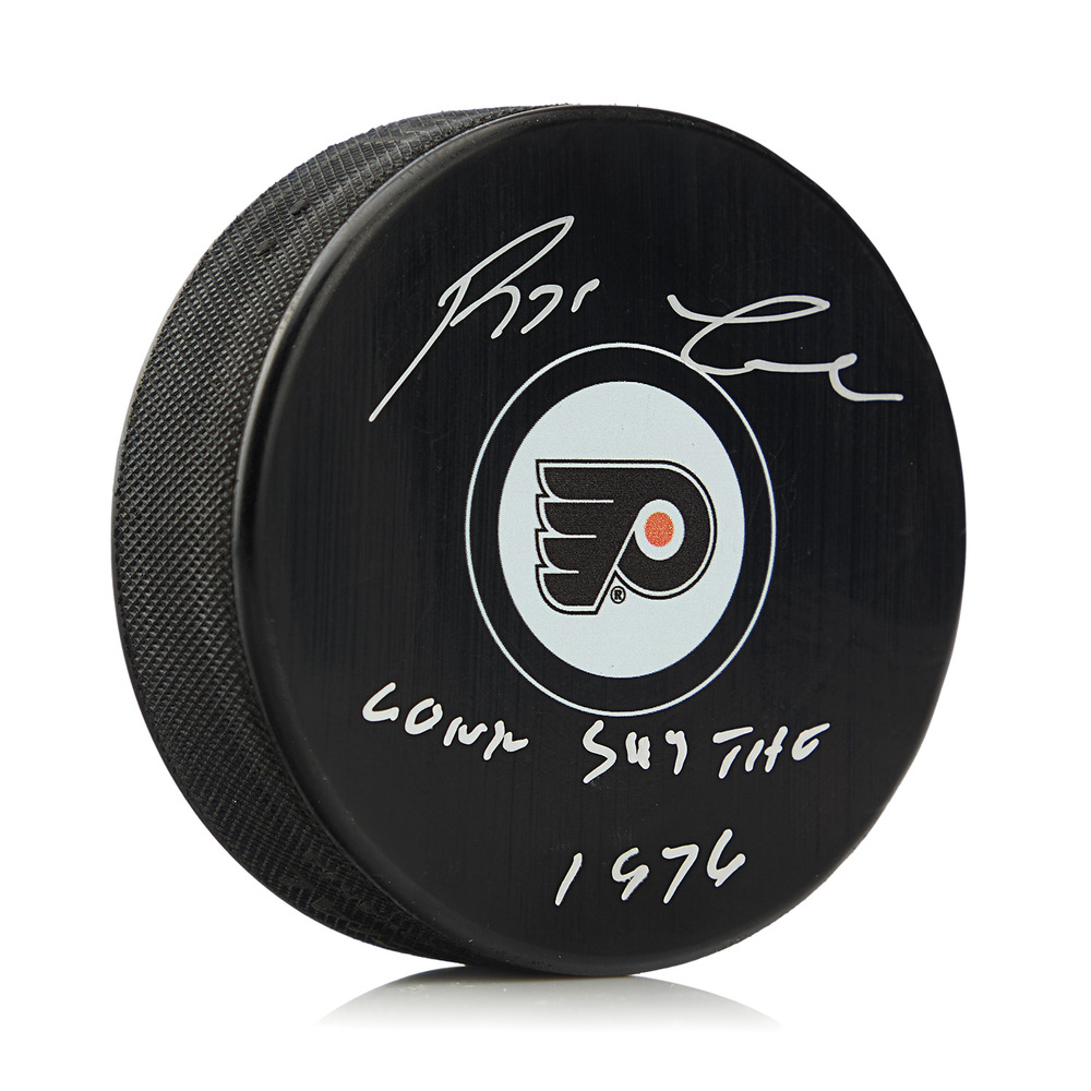 Reggie Leach Signed Philadelphia Flyers Hockey Puck with 76 Conn Smythe Note