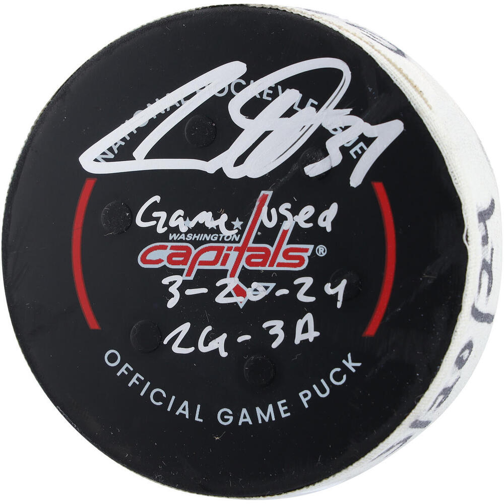 Auston Matthews Toronto Maple Leafs Autographed Game-Used Puck vs. Washington Capitals on March 20, 2024 with Multiple Inscriptions