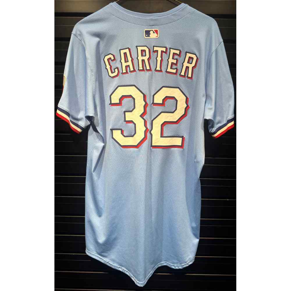 Evan Carter #32 Texas Rangers Game-Used 2025 Light Blue Alternate