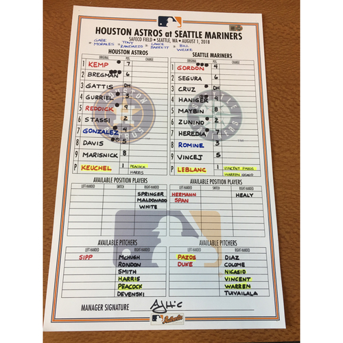 2018 GameUsed Lineup Card 8/1/18 at SEA MLB Auctions
