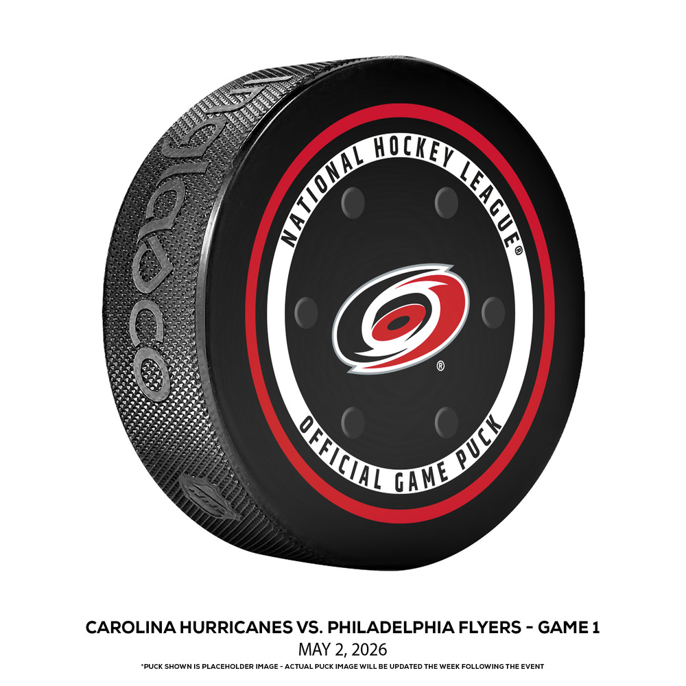 Philadelphia Flyers vs. Carolina Hurricanes Game-Used Puck from Game 1 of the Second Round of the 2026 Stanley Cup Playoffs on May 2, 2026 - Taylor Hall (CAR) 1st Career Stanley Cup Playoff OT Goal During Game (Not a Goal Puck)