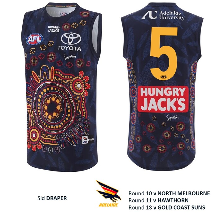 Photo of Sid Draper #5 Adelaide Crows 2026 First Nations Guernsey