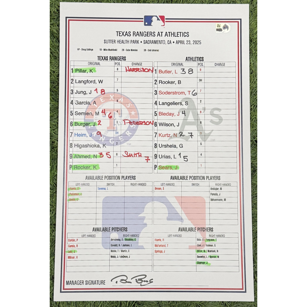 Texas Rangers 2025 Game-Used Dugout Lineup Card Signed by Bruce