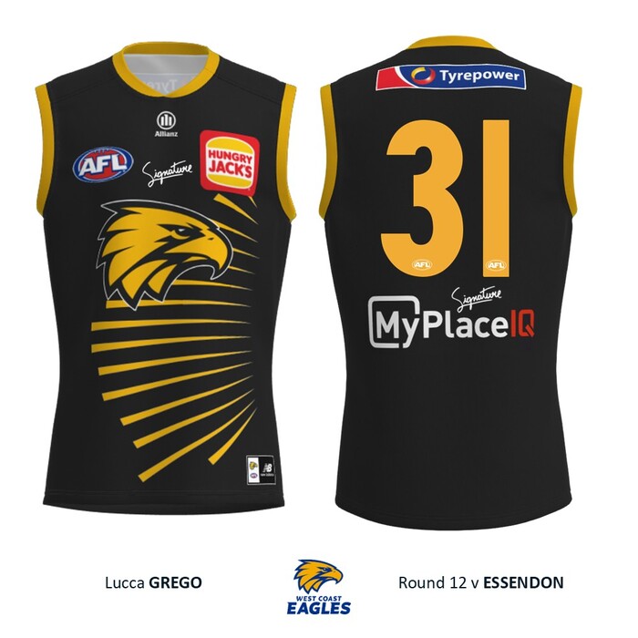 Photo of Lucca Grego #31 West Coast Eagles 2026 WA Day Player-Issue Guernsey & Shorts