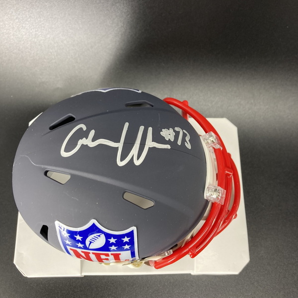 NFL - Patriots Caedan Wallace Signed Blue Shield Mini Helmet